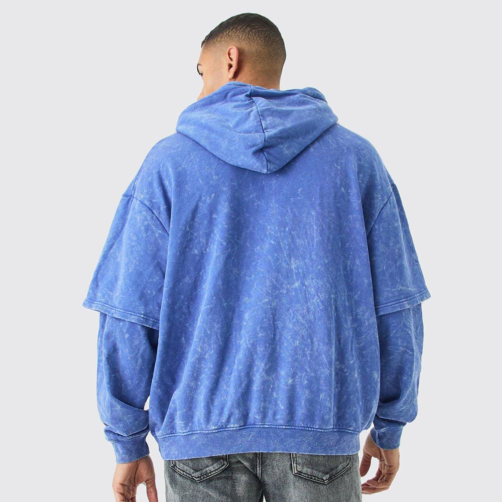 Oversized Faux Layer Acid Wash Embroidered Hoodie