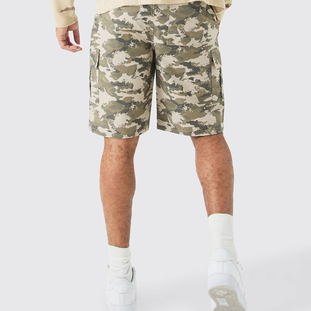 Washed Camo Fixed Waist Relaxed Cargo Shorts