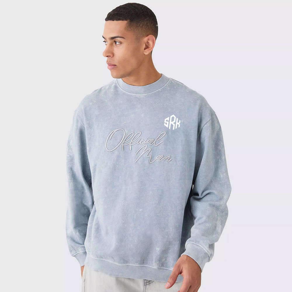 Oversized Extended Neck Acid Wash Embroidered Man Sweatshirt